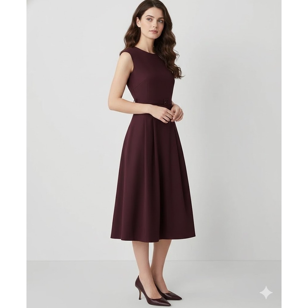 Ann Taylor Petite‎ Pleated Sleeveless Sheath Midi Dress Burgundy Size 4